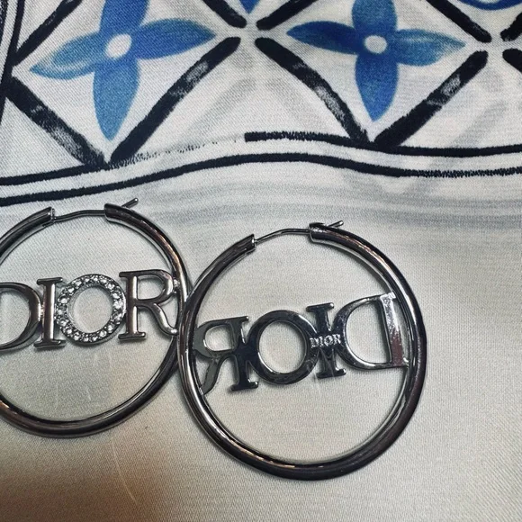 Dior Silver Logo Hoop Earrings with Crystal 'O' - Picture 3 of 6